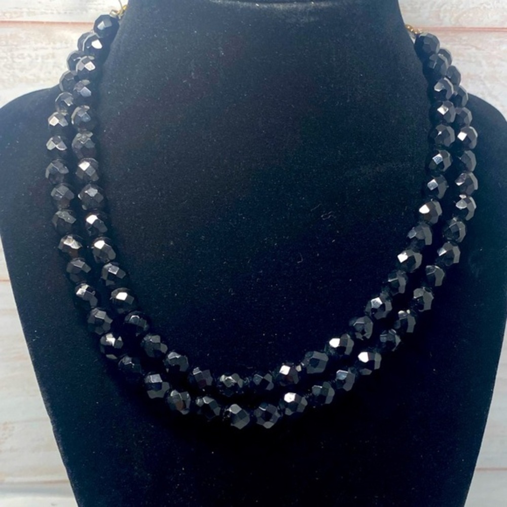 Antique double black glass beaded adjustable necklace 7 1/2 inches to 6 inches